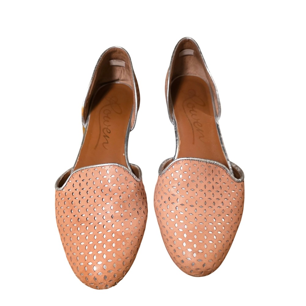 Rowen Womens Tan Laser Cut Perforated D'Orsay Flats Silver Trim Pointed Toe 9M